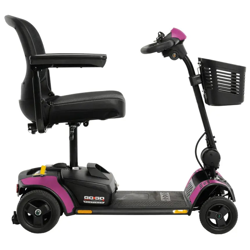 Power mobility scooter in purple and black with padded seat, armrests, tiller handlebar, and front storage basket, side view