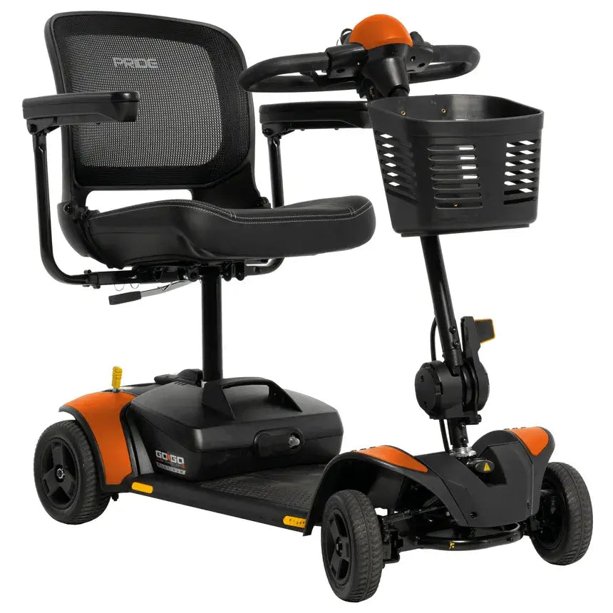 Power mobility scooter in black and orange with mesh back seat, front basket, tiller controls, and four wheels