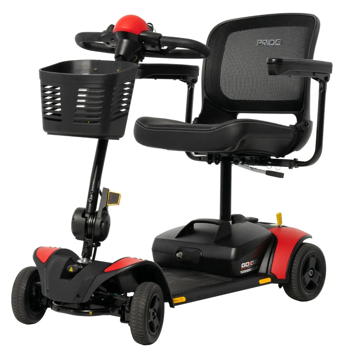 Pride Go-Go Elite Traveller 2 Platinum 4-wheel mobility scooter in black and red with mesh seat and front basket
