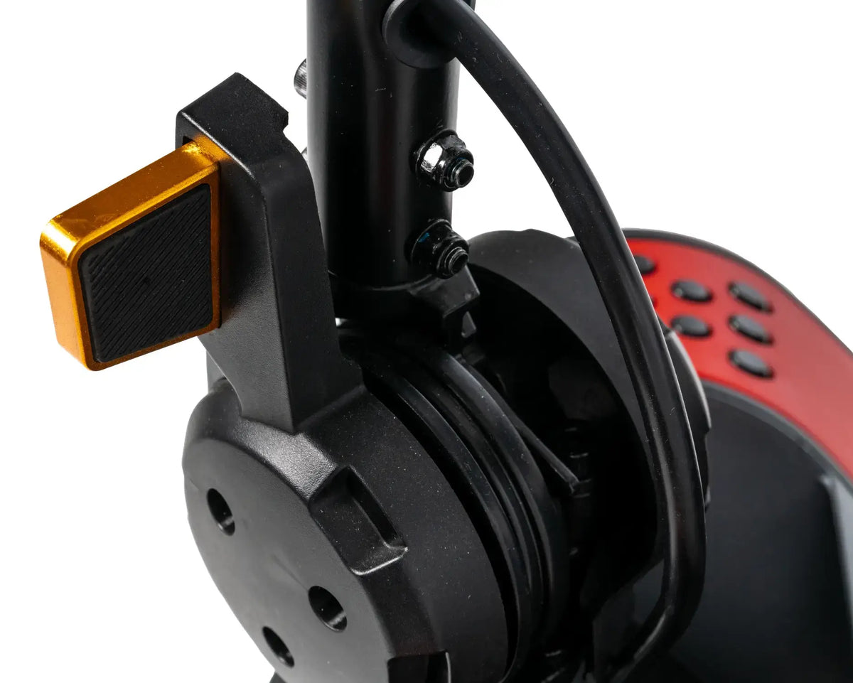 Power scooter front wheel hub and fork assembly closeup showing black motor housing, red accent, cable, and gold throttle