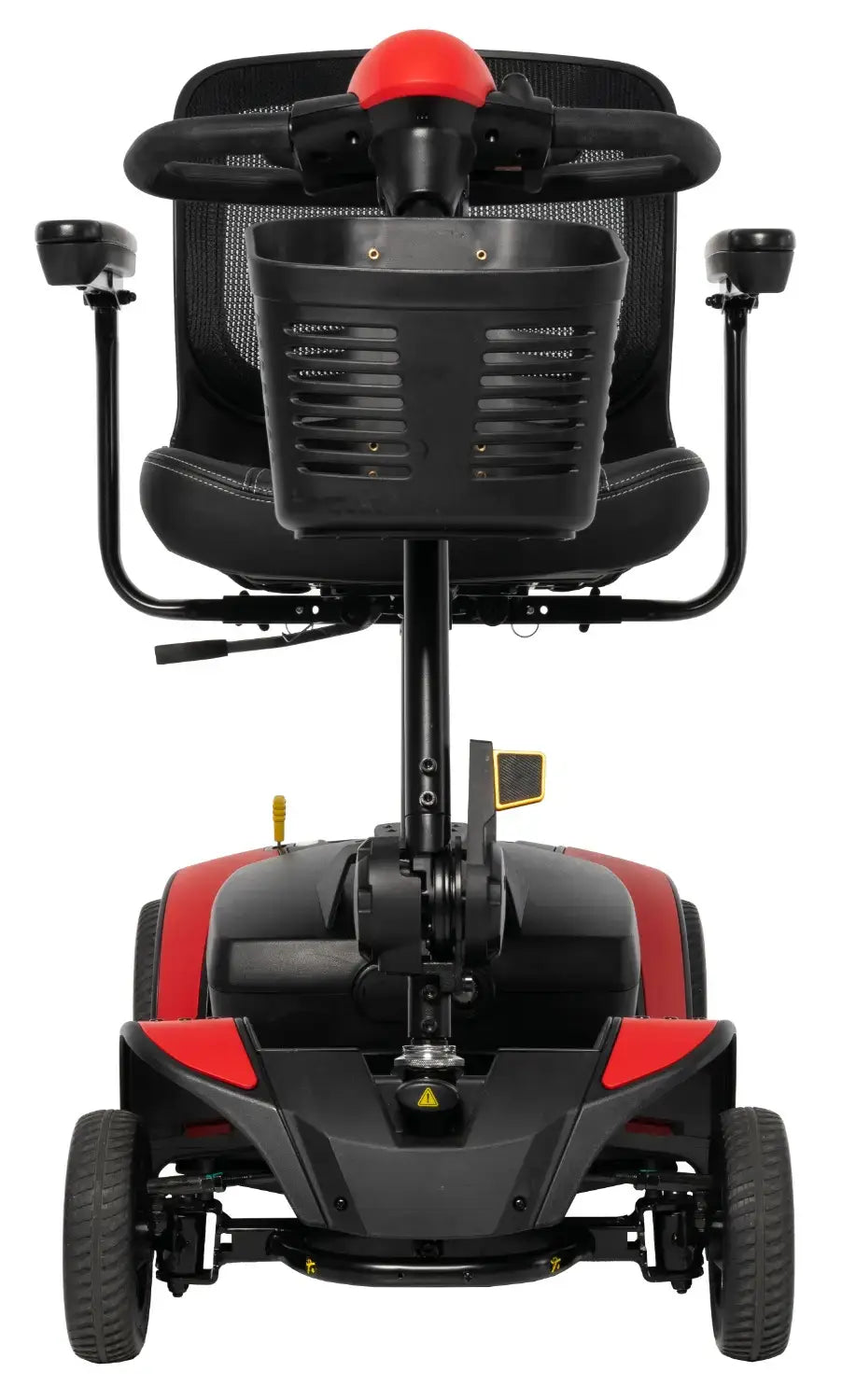 Power mobility scooter in red and black, rear view, showing mesh seat back, front basket, armrests, and four wheels