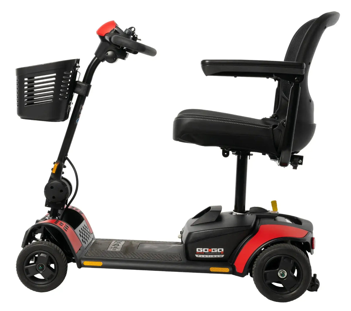 Go-Go Elite Traveller 2 Platinum 3-wheel mobility scooter in black and red with front basket, padded seat, and armrest