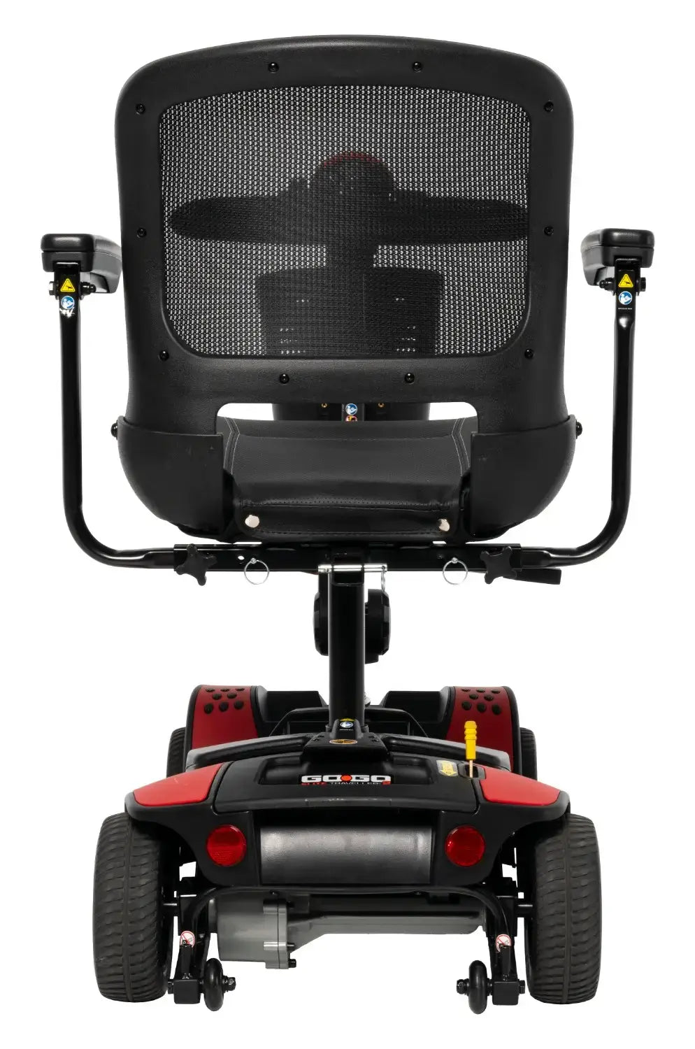 Power mobility scooter rear view with mesh seat back, flip-up armrests, red and black body, and four wheels