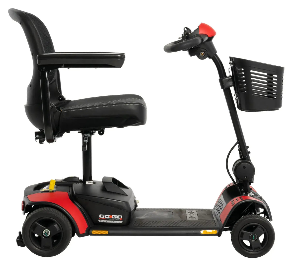 Power mobility scooter in black and red with padded seat, armrests, tiller controls, front basket, and four wheels, side view