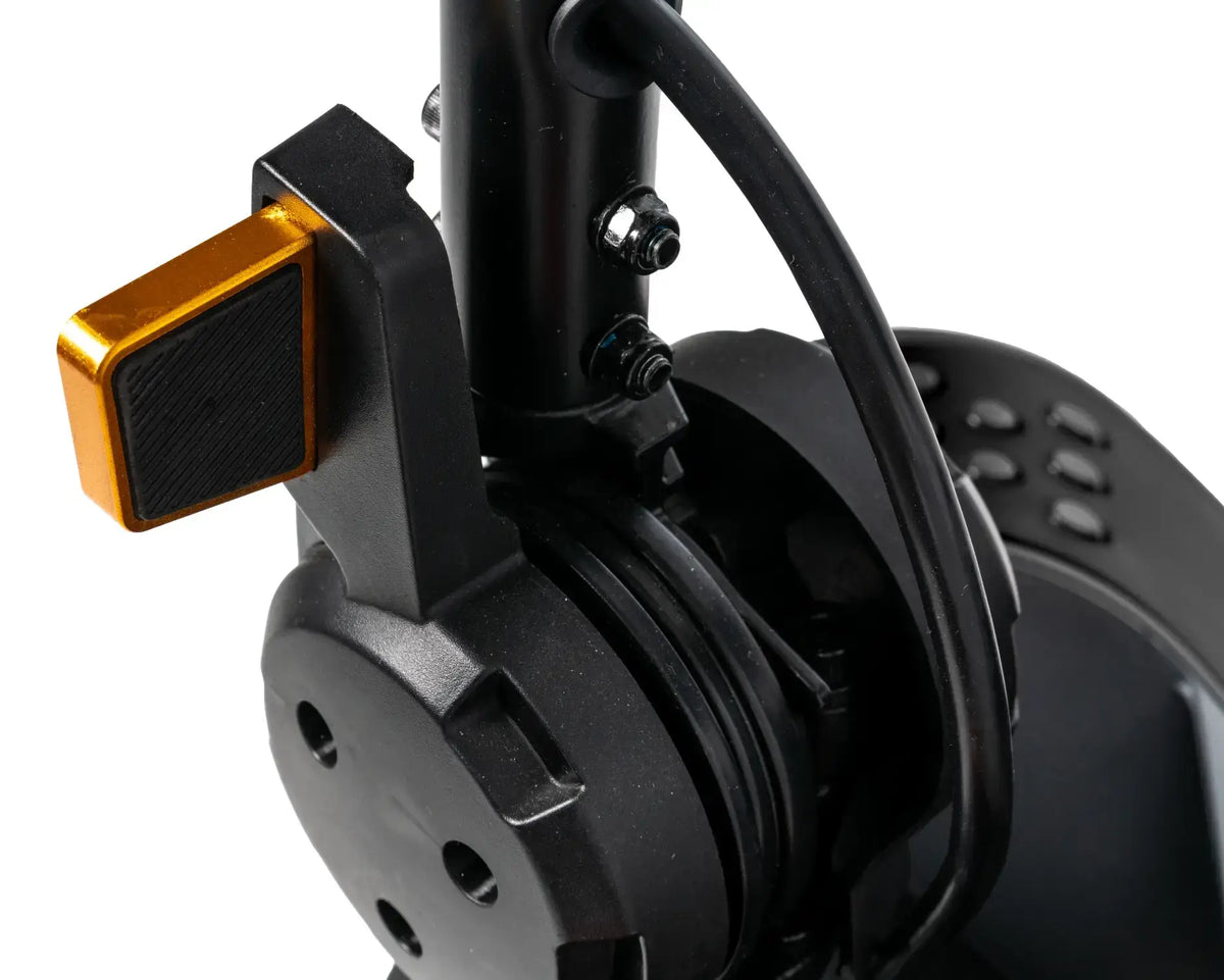 Scooter rear wheel hub close-up showing black motor housing, brake cable, and gold-accented folding lever against white