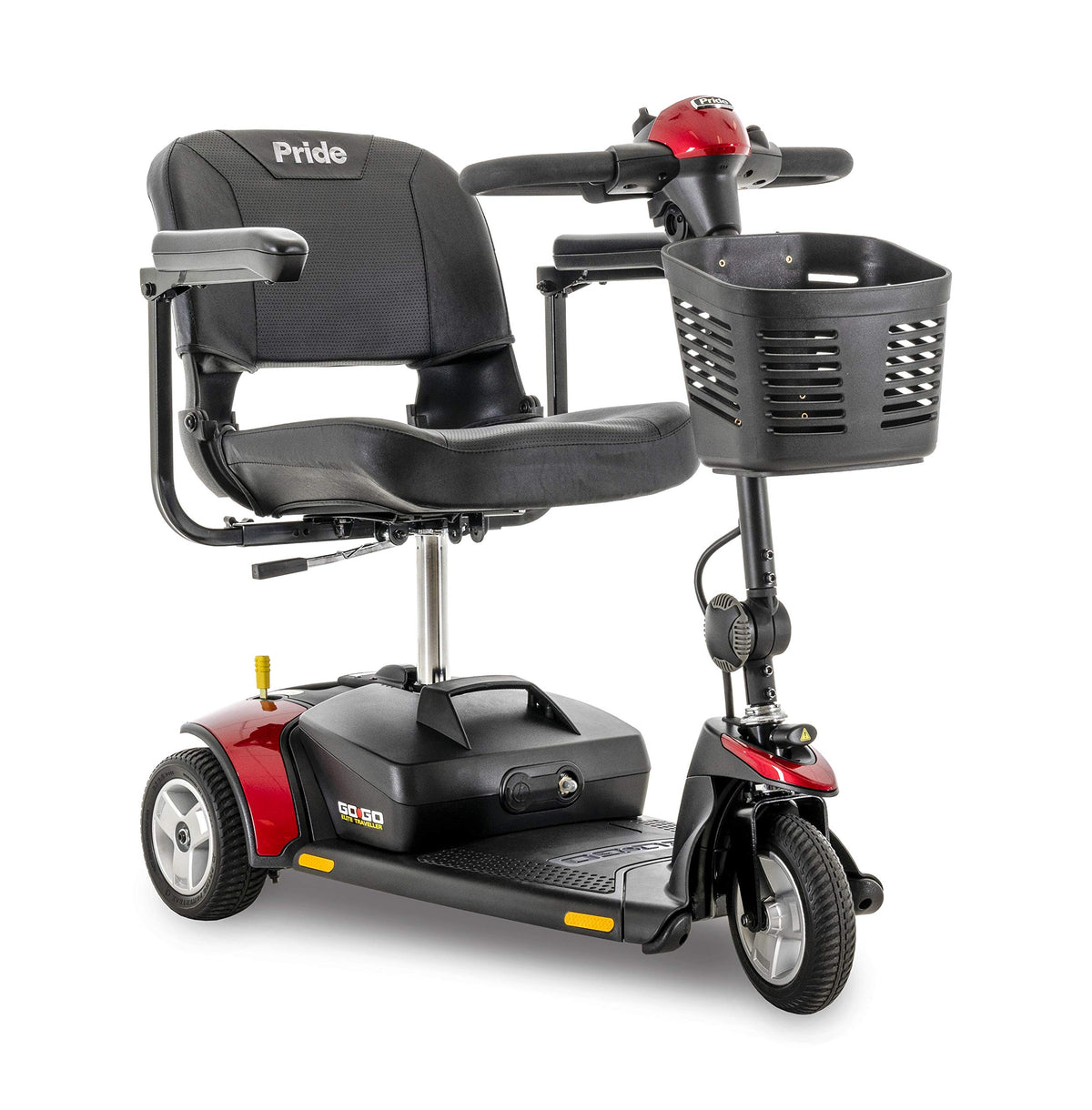 Pride Go-Go Elite Traveler 3-wheel mobility scooter in red and black with padded seat, tiller controls, and front basket