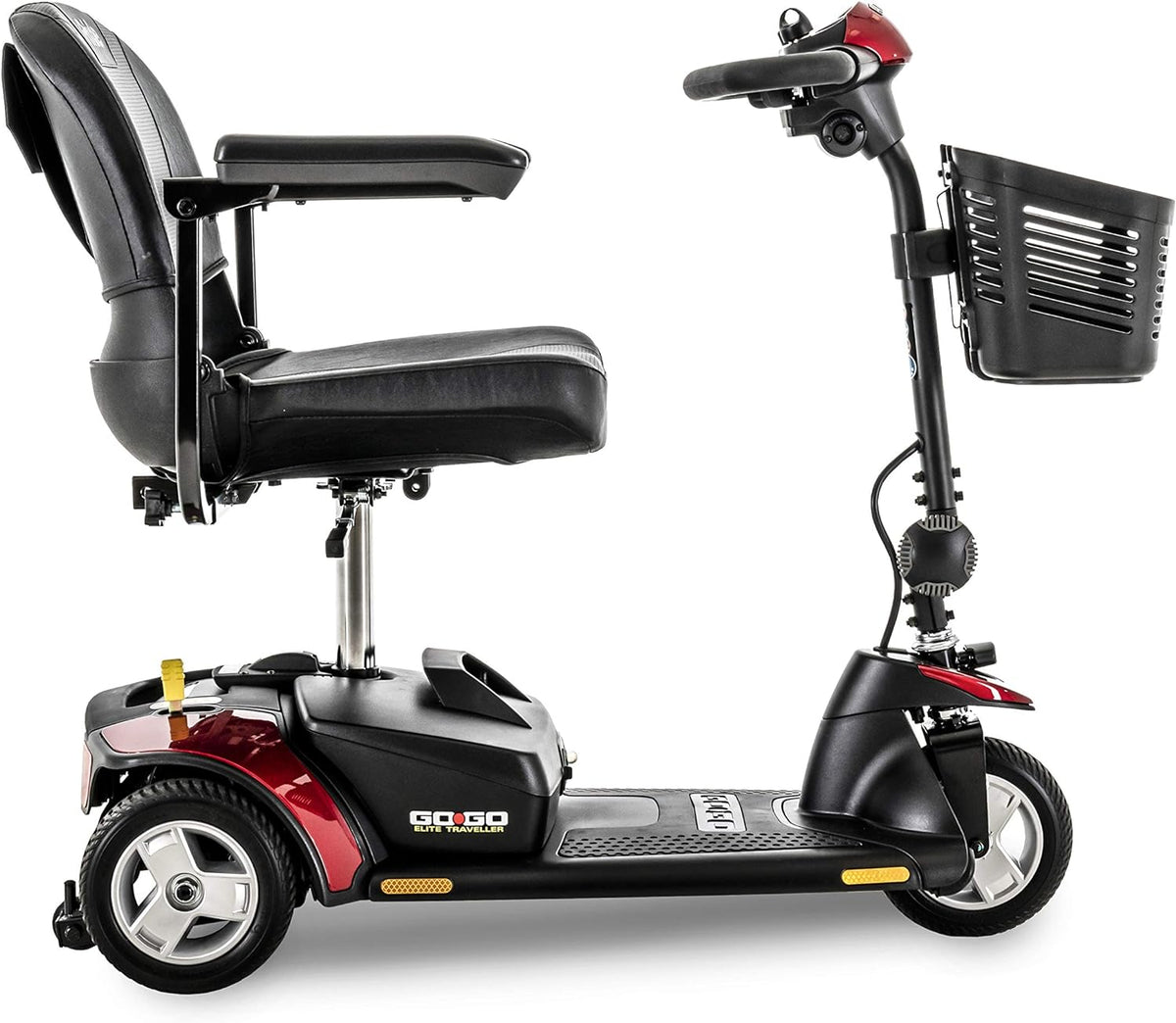 Power mobility scooter in black and red with three wheels, padded seat, armrests, tiller controls, and front storage basket