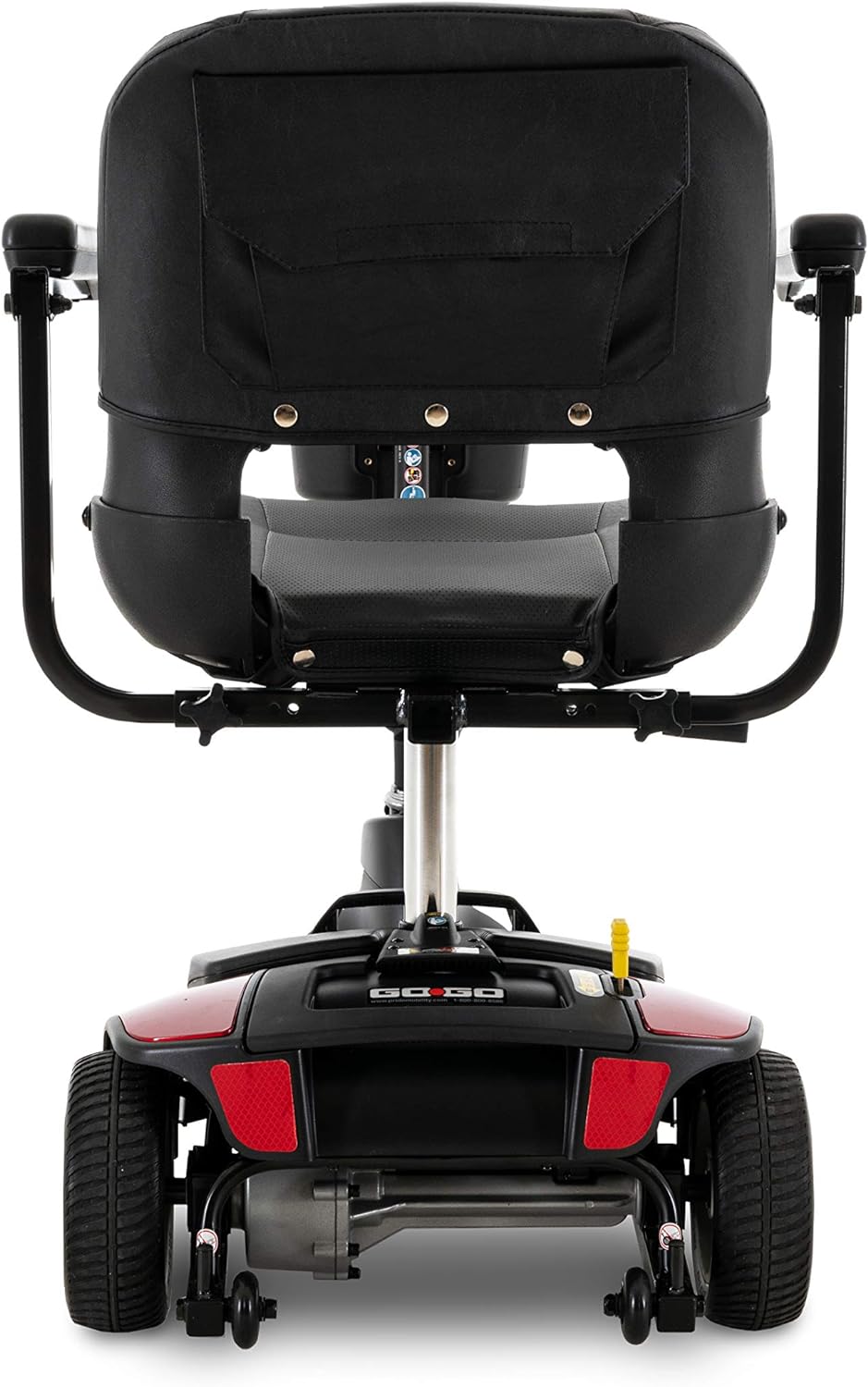 Power mobility scooter rear view with black padded seat, wraparound armrests, red body panels, and four wheels on white