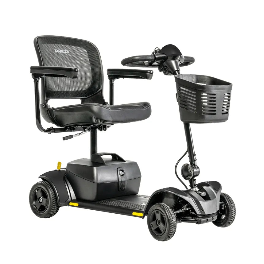 Power mobility scooter in black with four wheels, mesh seat back, padded seat, tiller steering, and front storage basket