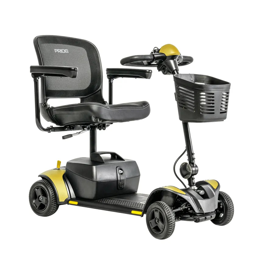 Power mobility scooter with four wheels, mesh seat back, front basket, and yellow and black finish