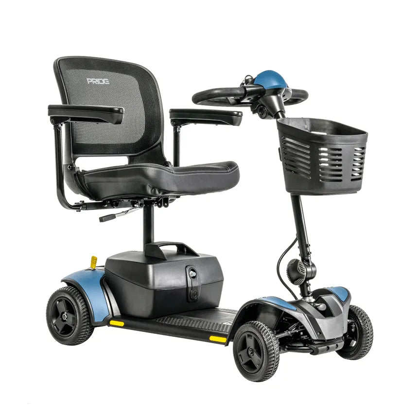 Power mobility scooter with four wheels, mesh seat back, tiller controls, front basket, and blue accents on white background