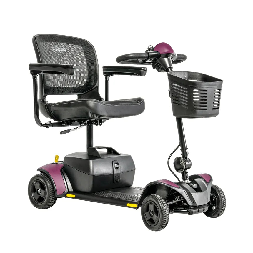 Power mobility scooter with four wheels, mesh seatback, swivel seat, tiller steering, and front basket in purple and black