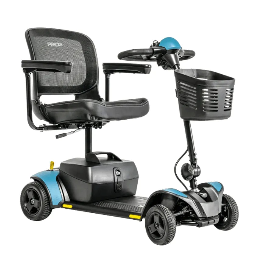 Four-wheel mobility scooter in blue and black with mesh seat back, armrests, tiller, and front storage basket