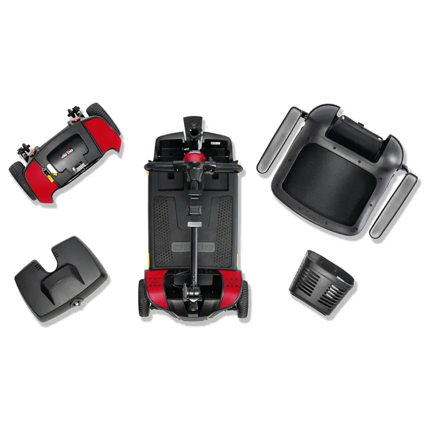 Power mobility scooter disassembled into five separate pieces including frame, seat, front section, battery pack, and