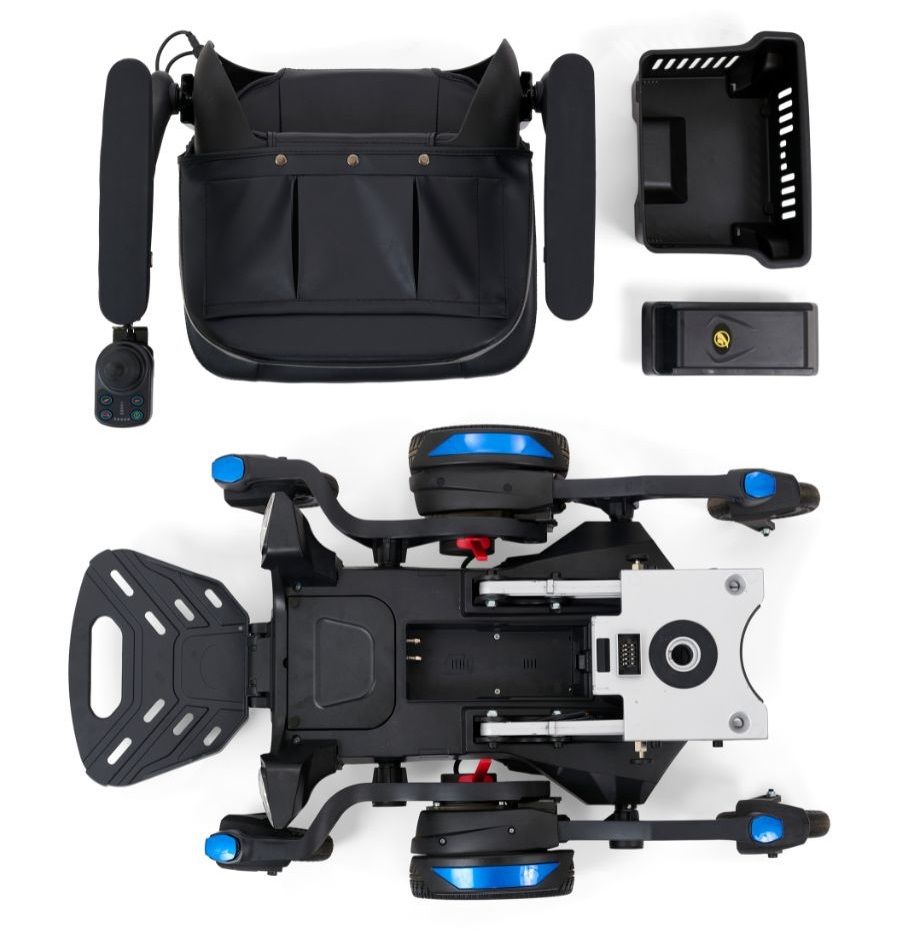 Power wheelchair disassembled into seat and base components with blue accents, basket, and battery shown from overhead view