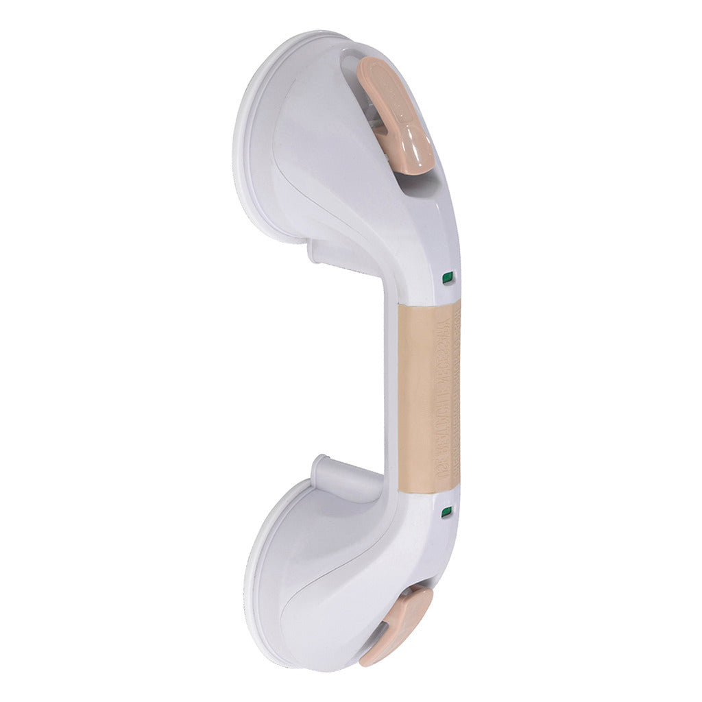 Suction cup grab bar with white frame, beige grip handle, dual suction mounts, and green safety indicators