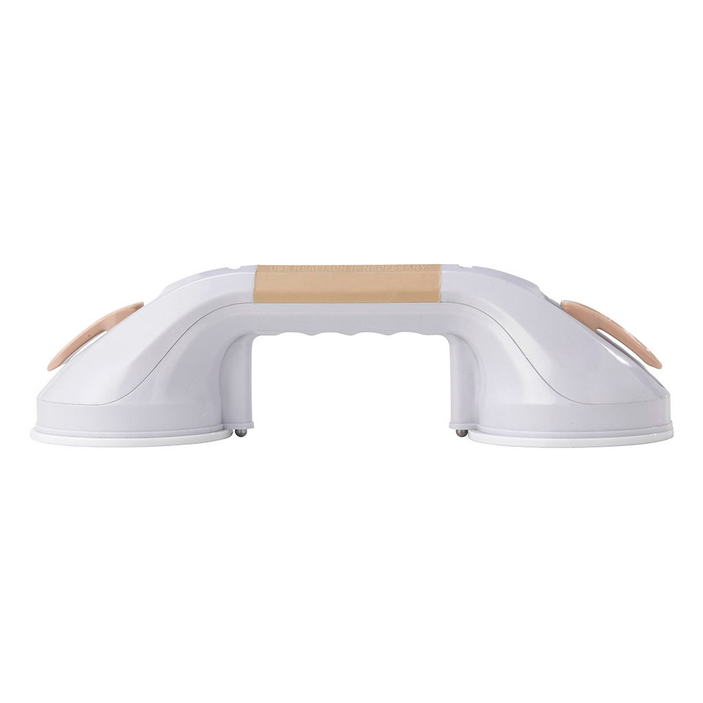 Suction cup grab bar in white with beige grip accents and dual suction cup bases, shown from the front on a white background