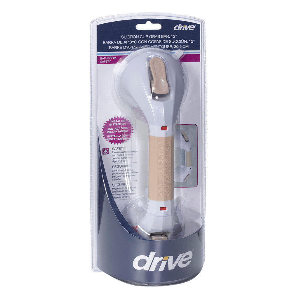 Suction cup grab bar with beige grip handle and large suction cups at each end, shown in retail packaging