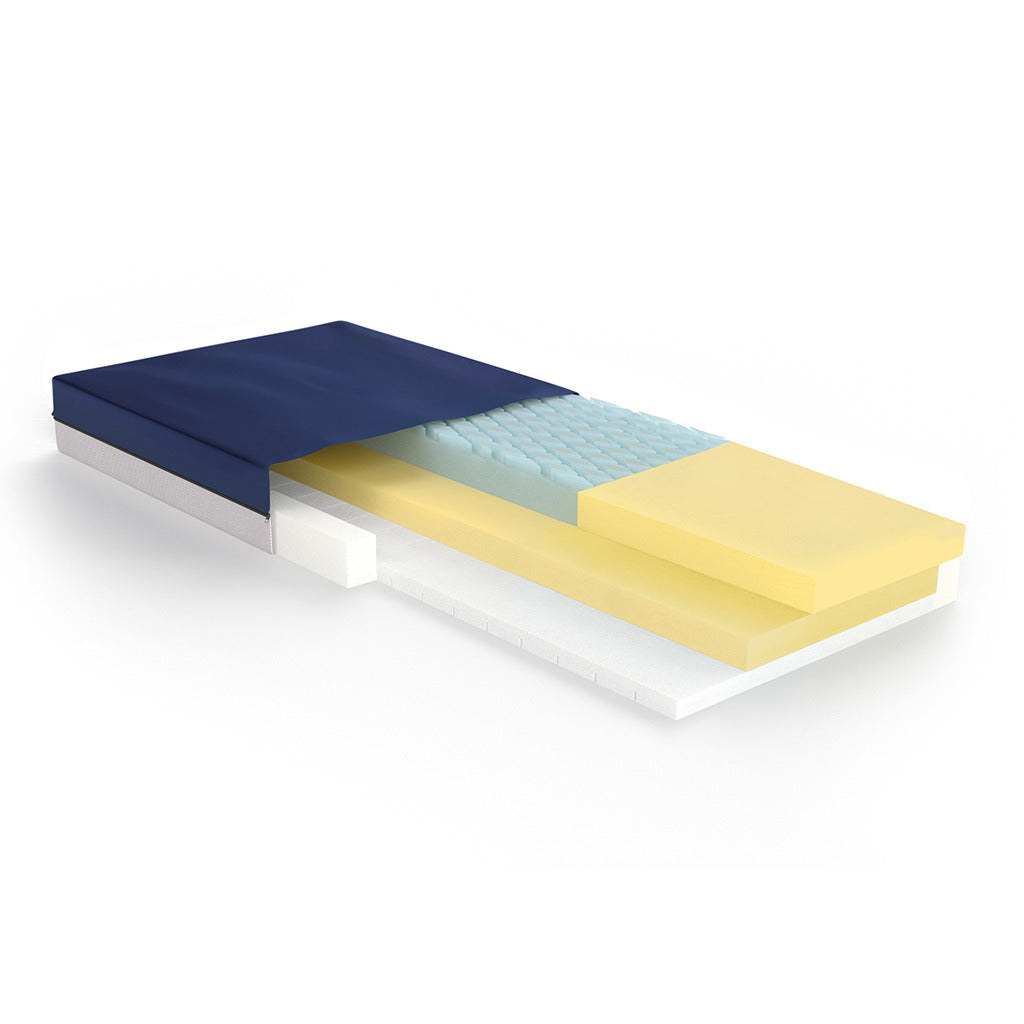 Gravity 7 pressure redistribution mattress cutaway showing navy cover, gel, foam, and base layers