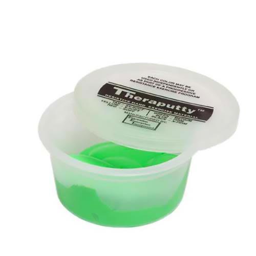 Theraputty standard exercise putty in green, stored in a clear lidded container with labeled lid