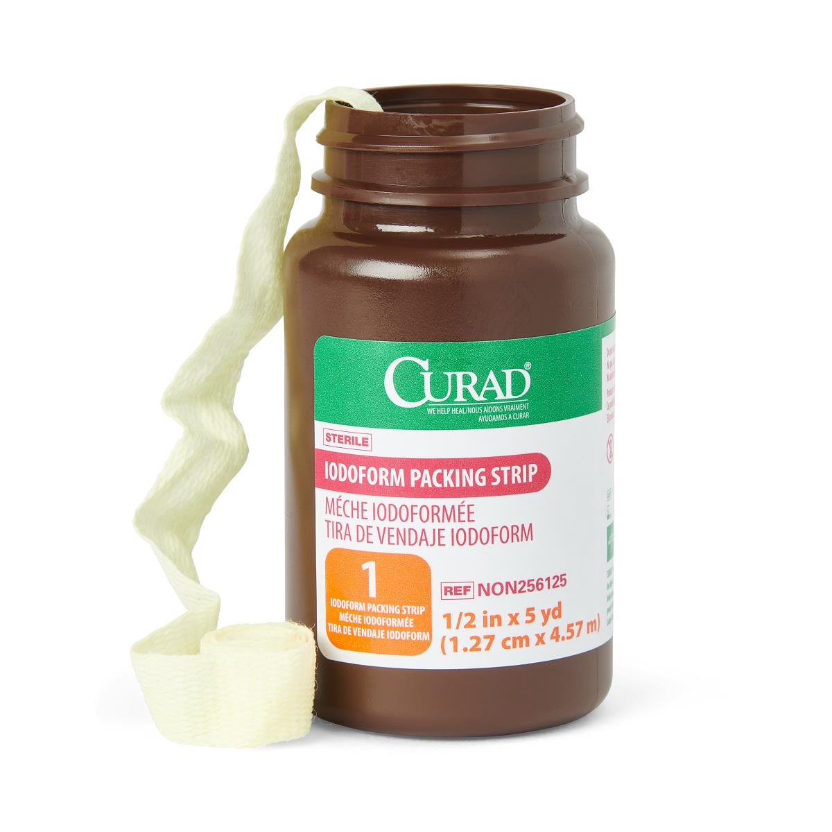 Iodoform packing strip in open brown amber jar with gauze strip pulled out alongside it on white background