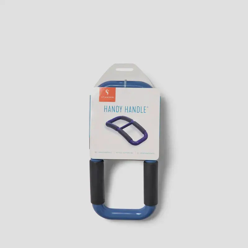 Stander Handy Handle stand assist aid in blue with black foam grips, shown in retail packaging on a white background