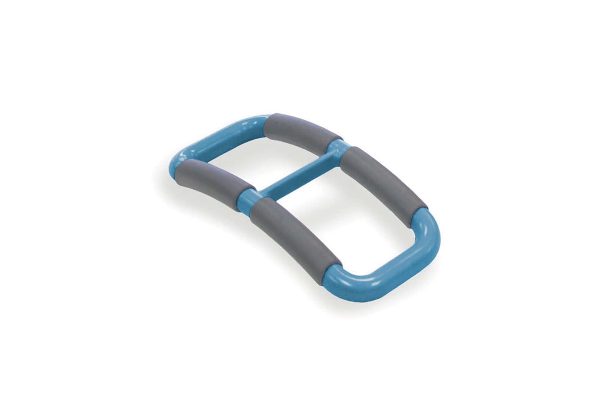 Handy Handle stand assist aid with blue metal frame and gray non-slip grip sections on white background