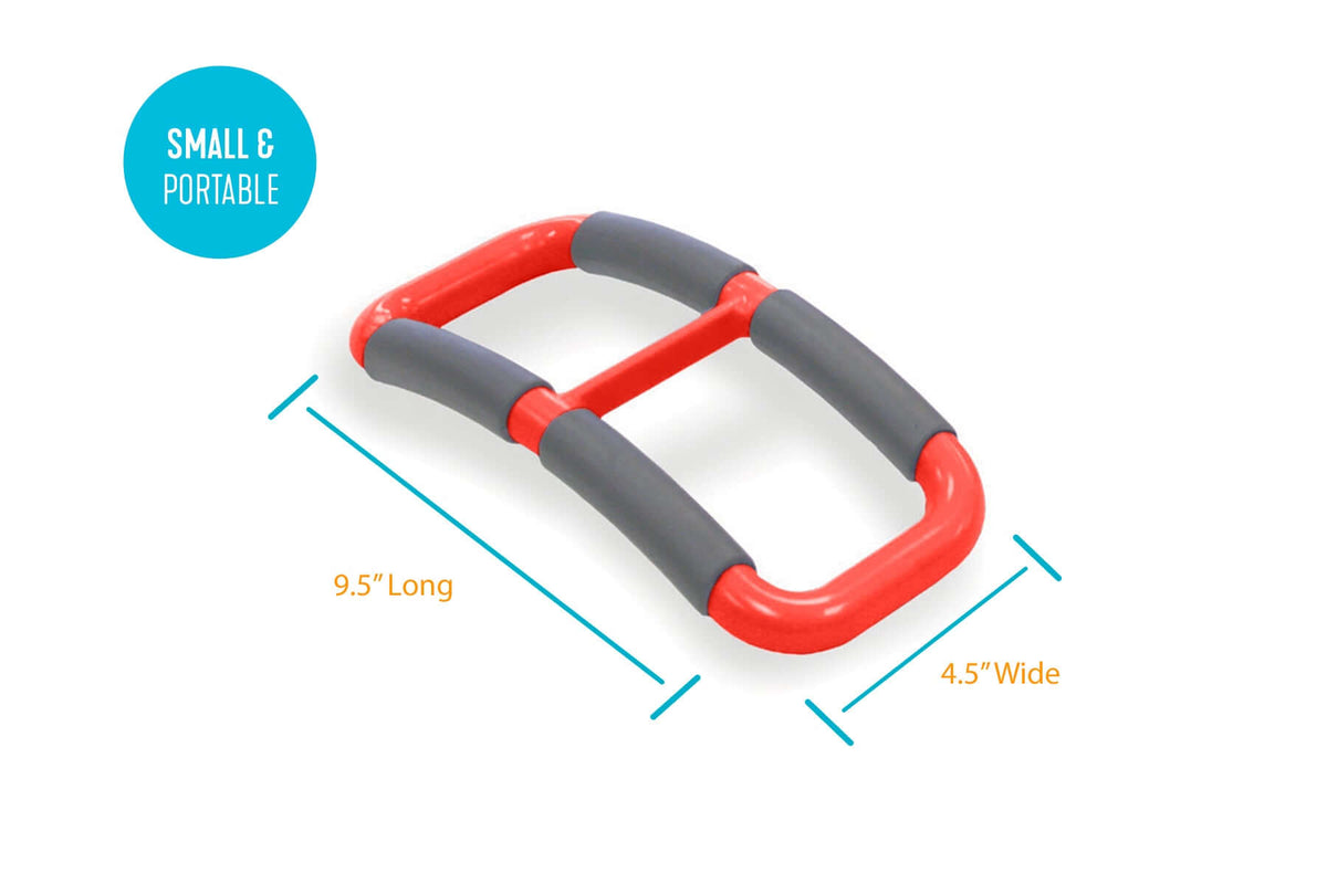 Stand assist handle with red frame and gray foam grip padding, shown with dimension callouts on white background