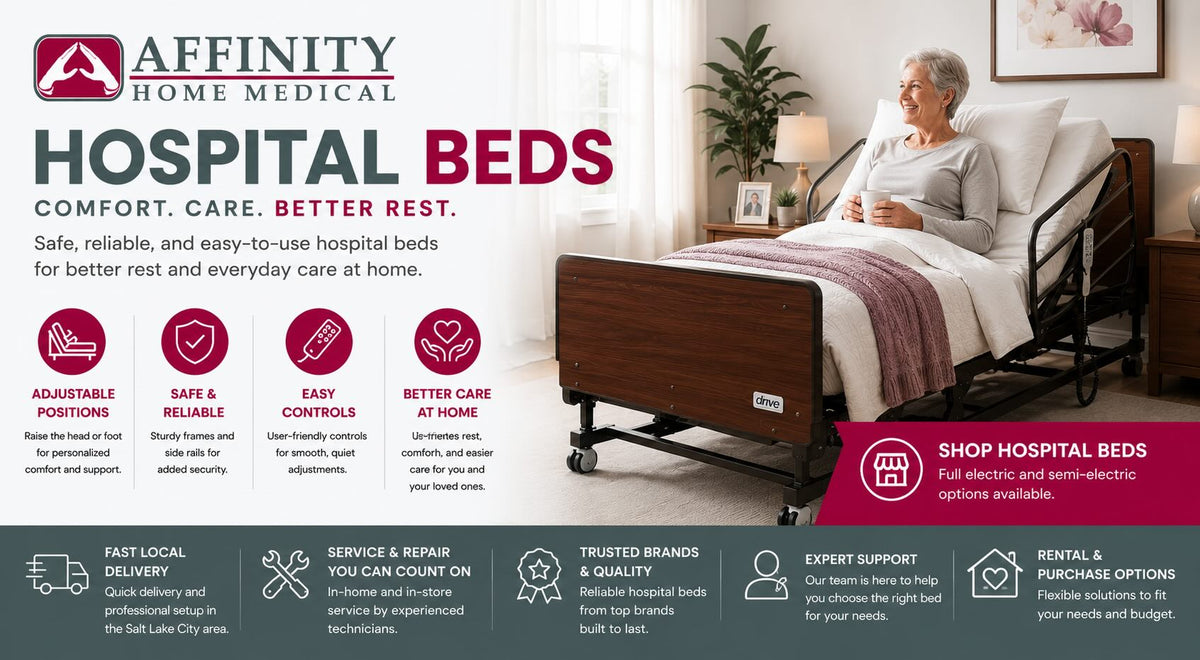 Affinity Home Medical promotes hospital beds with a large bed shown in a bright bedroom and an elderly woman sitting beside it. The ad includes product features icons, a 'Shop Hospital Beds' callout, and a dark gray footer with service and brand information.
