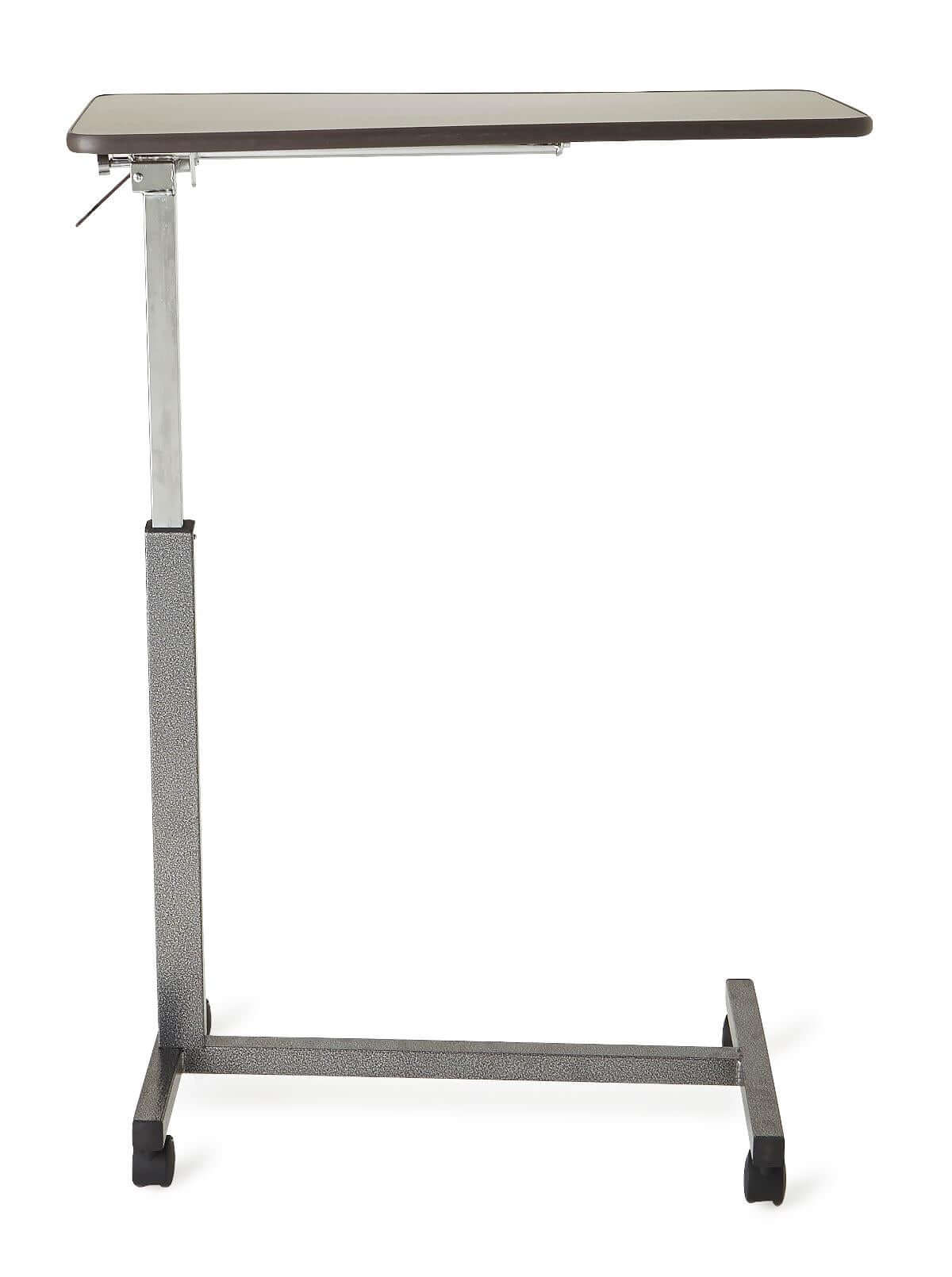 Overbed table with walnut-finish tilt-top surface, height-adjustable chrome post, H-base frame, and rolling casters