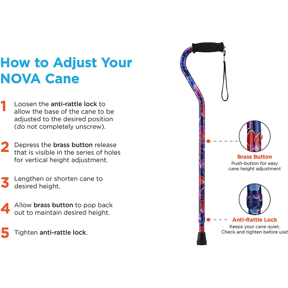 Offset cane with floral print, black foam handle, wrist strap, brass button, and anti-rattle lock, shown with adjustment
