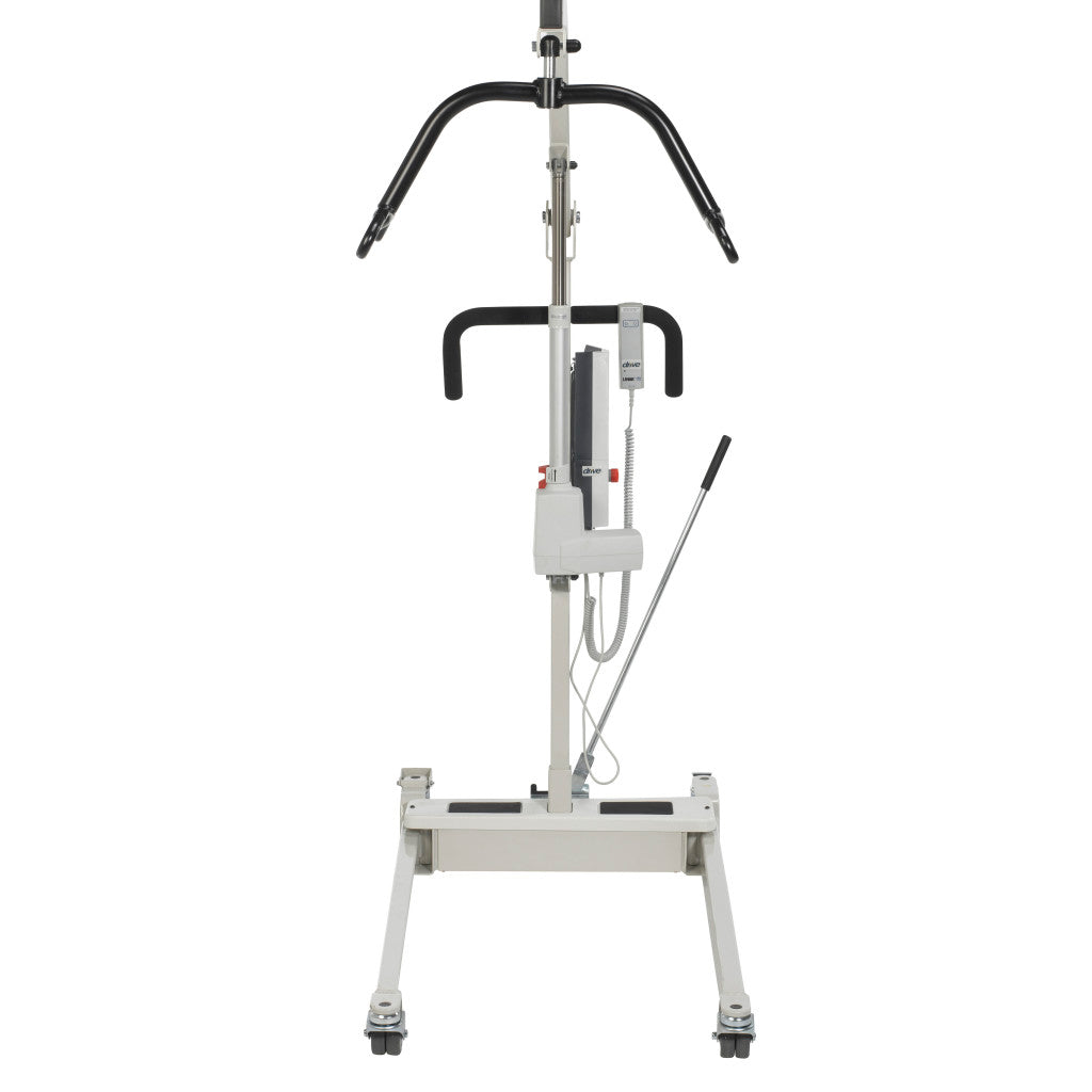 Bariatric electric patient lift with black curved handlebar, electric actuator, hand control, and wheeled base on white