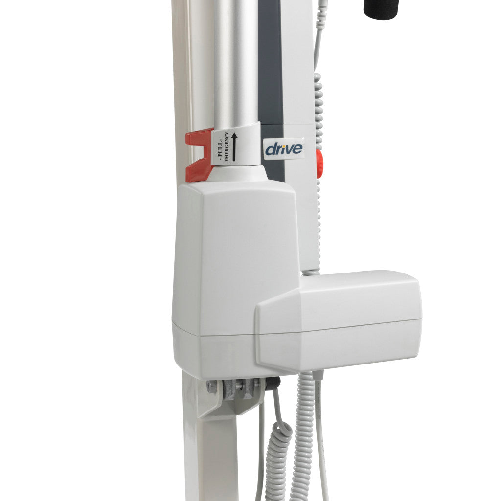 Bariatric electric patient lift motor unit close-up showing emergency release handle, red safety button, Drive branding, and