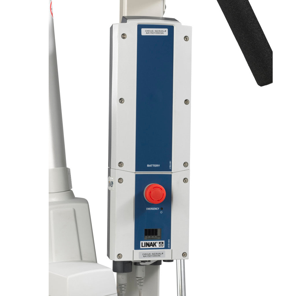 Bariatric electric patient lift control box with blue battery housing, red emergency stop button, and LINAK drive unit