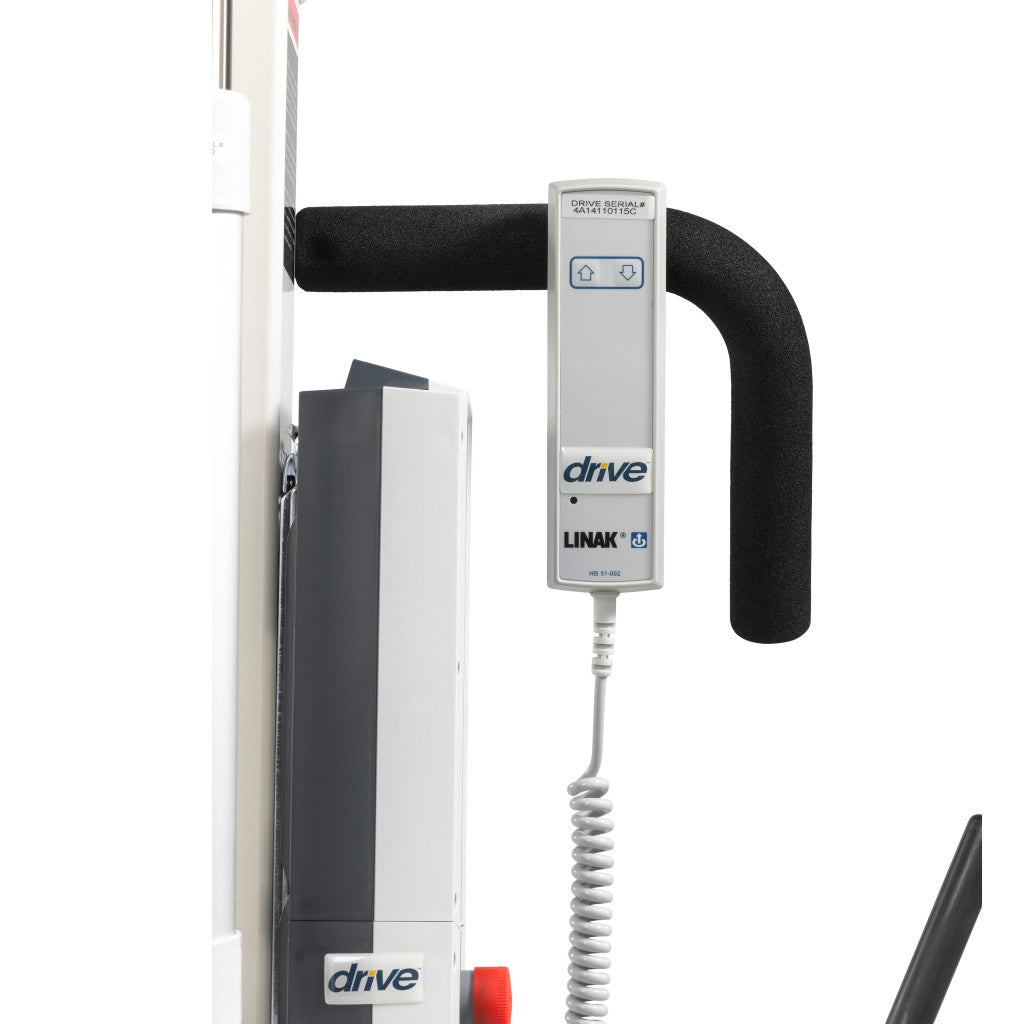 Electric patient lift side panel with foam-padded push handle, wired up/down hand control, and motor housing unit