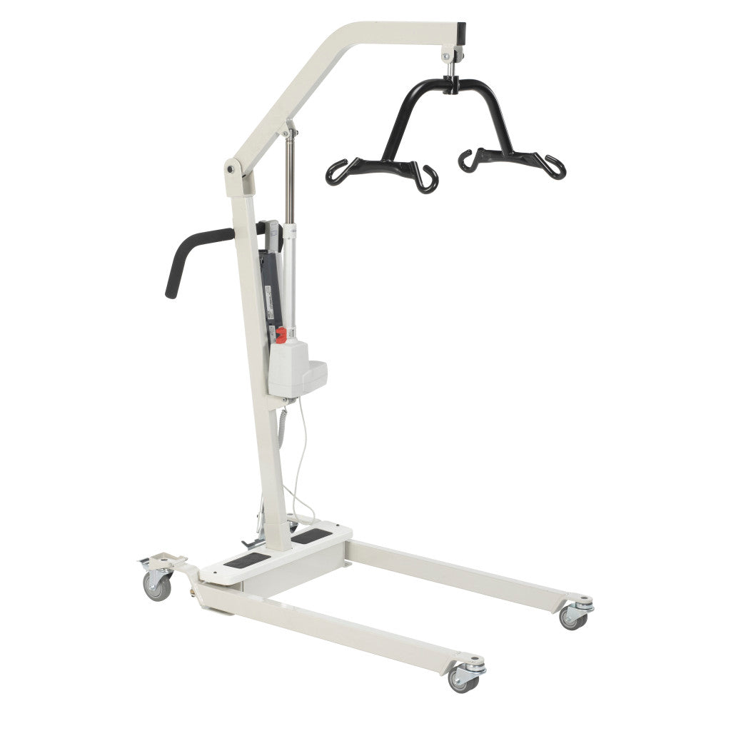 Bariatric electric patient lift with rechargeable battery, four-point cradle spreader bar, hand control, and wheeled base