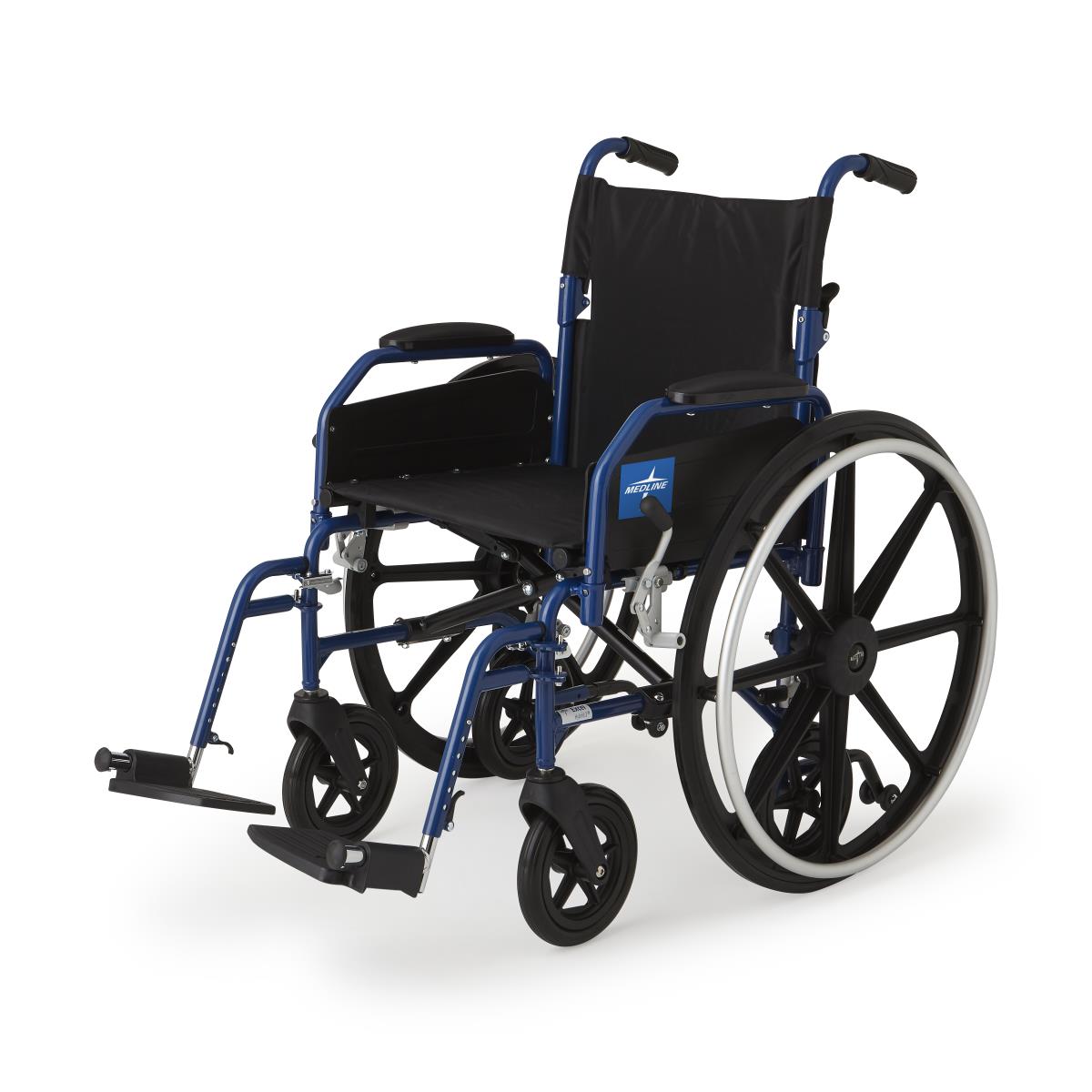 Hybrid wheelchair with blue frame, black upholstery, removable desk arms, standard legrests, and large rear wheels with hand