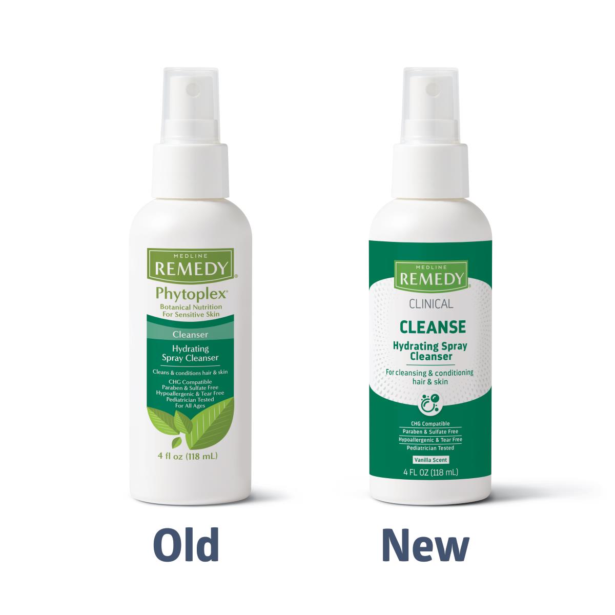 Medline Remedy hydrating spray cleanser bottles showing old Phytoplex label and new Clinical Cleanse label side by side