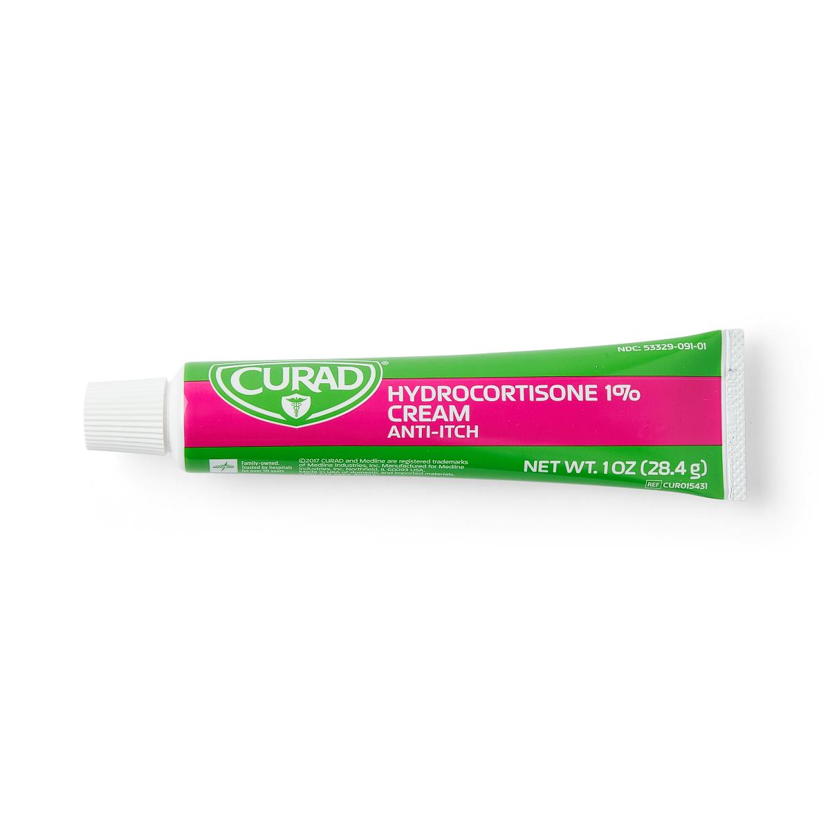 Tube of CURAD Hydrocortisone 1% Anti-Itch Cream in green and pink packaging with white cap, 1 oz size