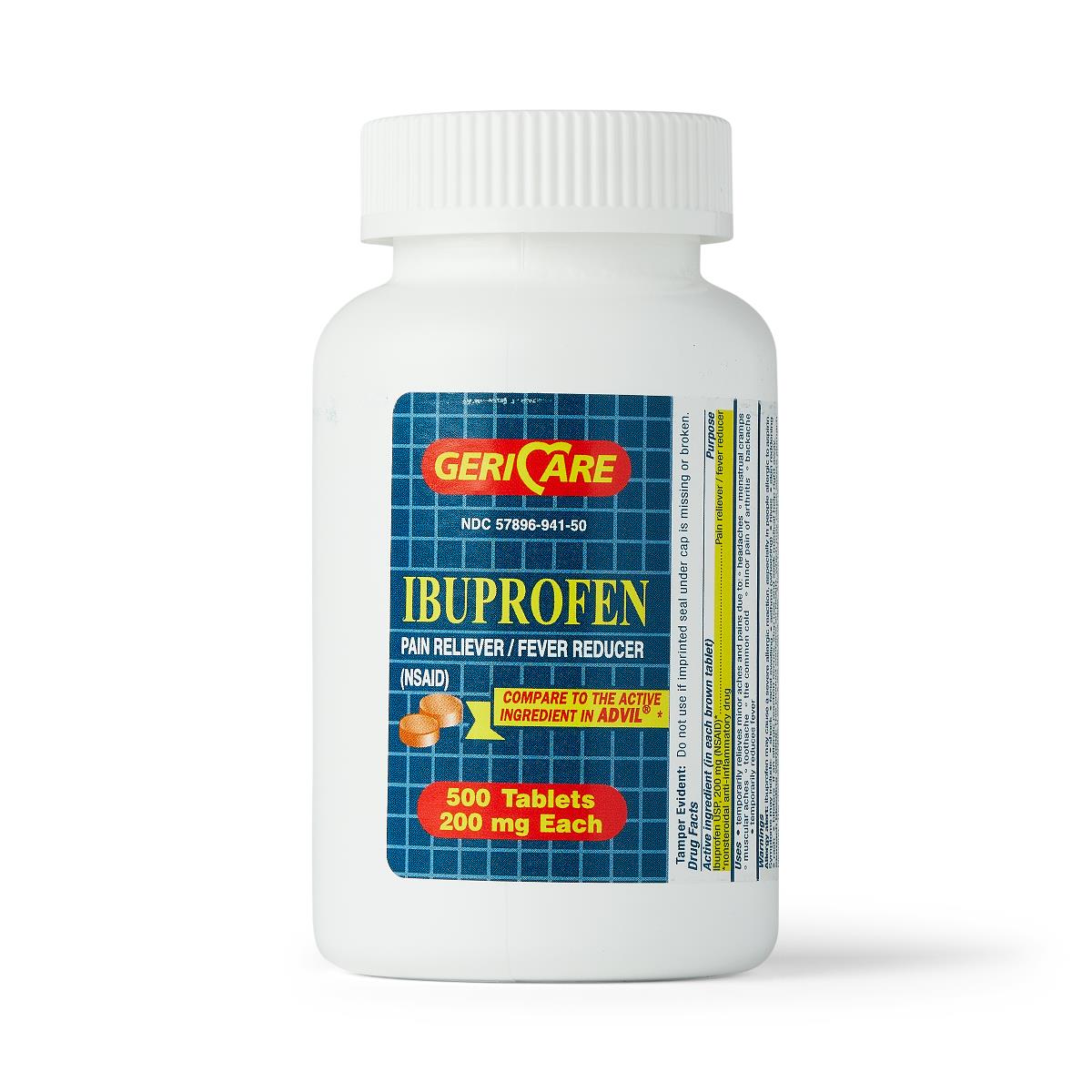 Ibuprofen tablets bottle by Geri-Care, 500 count 200mg, white plastic container with blue label on white background