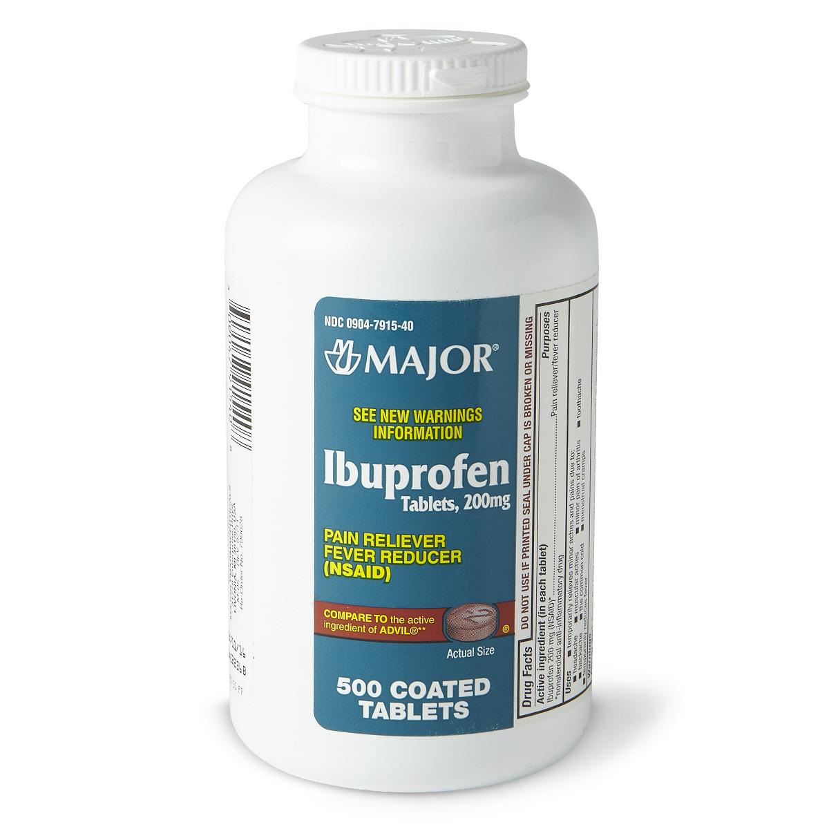 Ibuprofen 200mg coated tablets in a large white plastic bottle with blue and white Major brand label, 500 count