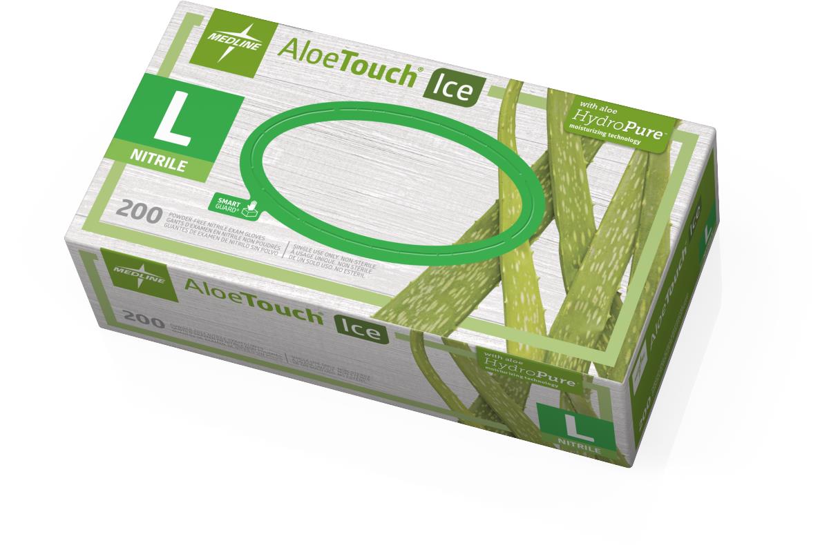 Nitrile exam gloves box in white and green with aloe vera graphics, labeled large size, 200 count, powder-free