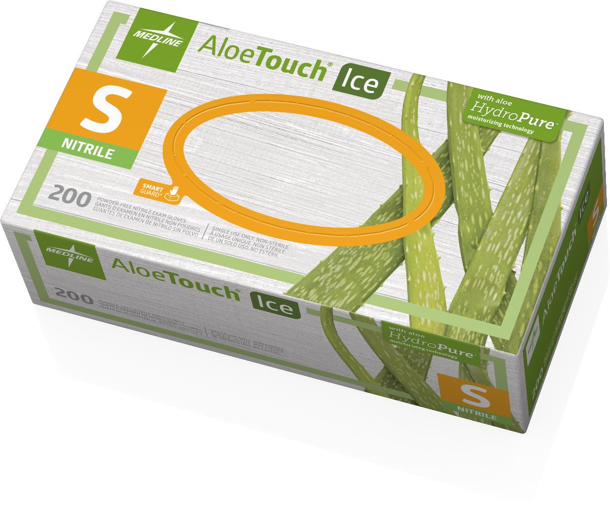 Medline AloeTouch ICE nitrile exam gloves box, size small, 200 count, green and white packaging with aloe vera imagery