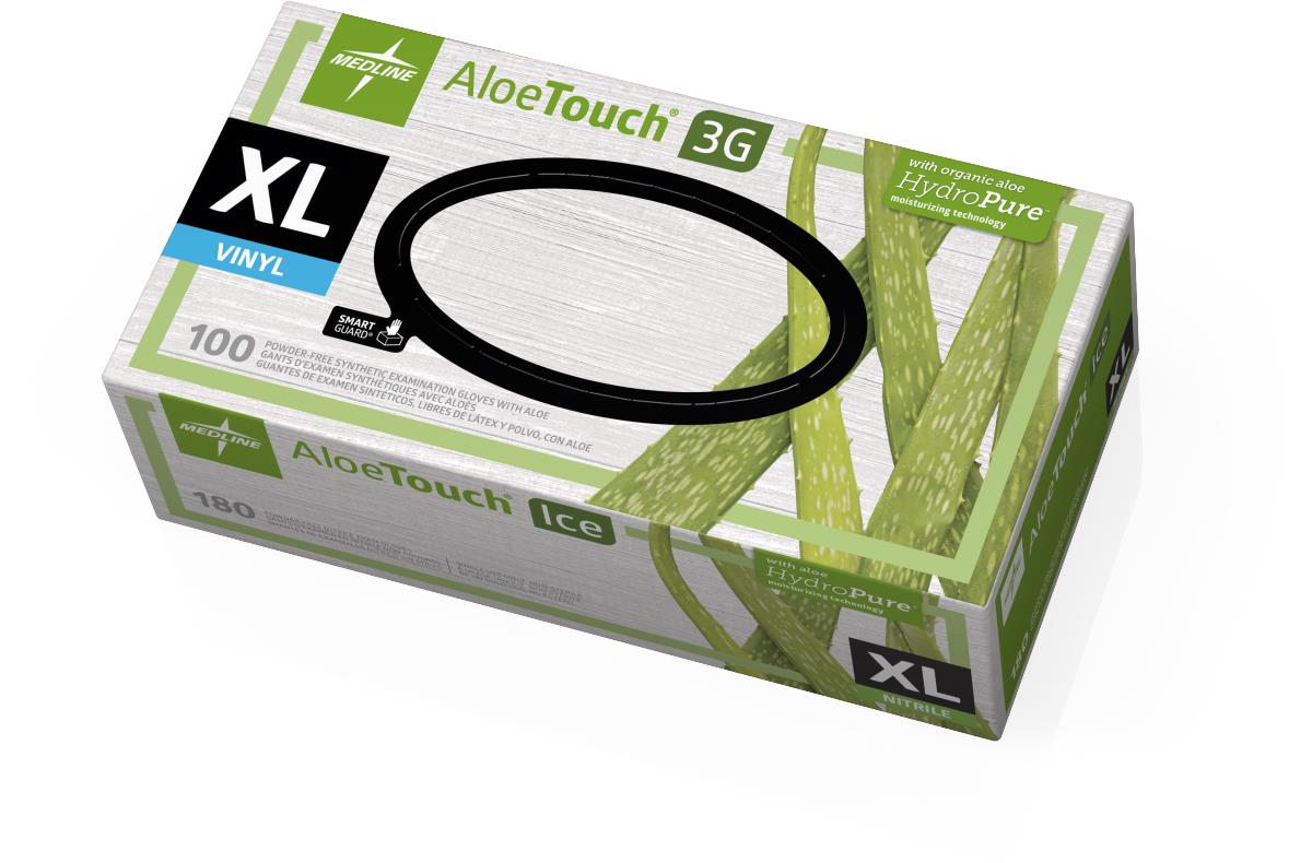 Disposable exam gloves box with green aloe plant design, labeled XL, showing two stacked Medline AloeTouch product boxes