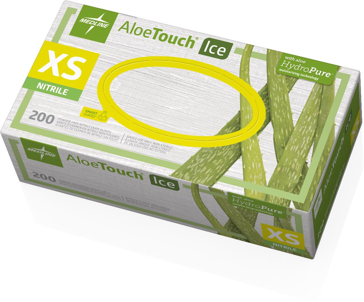 Box of Medline AloeTouch ICE powder-free nitrile exam gloves, size XS, 200 count, with green aloe vera packaging design