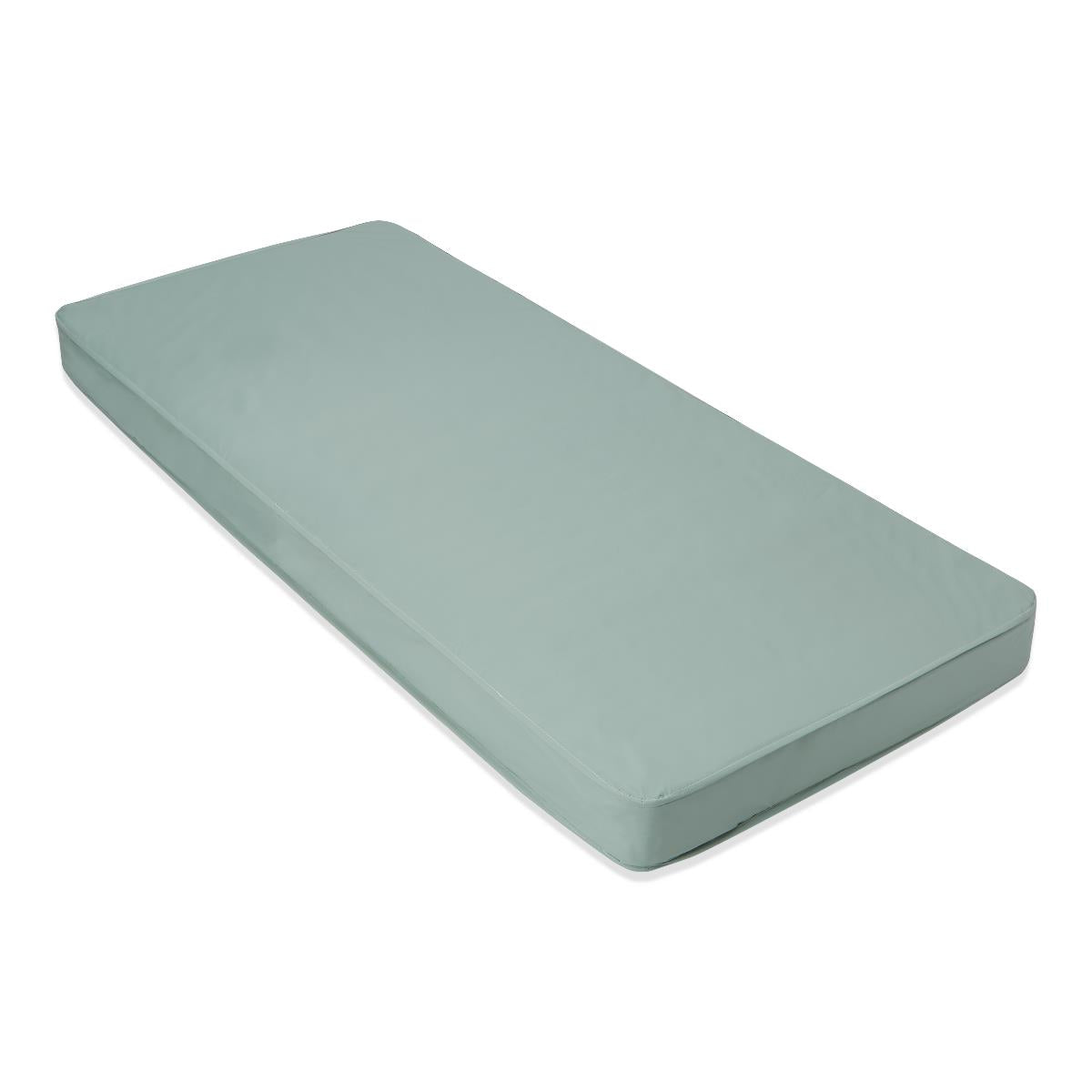 Innerspring mattress with a smooth sage green vinyl cover, shown at an angle on a white background