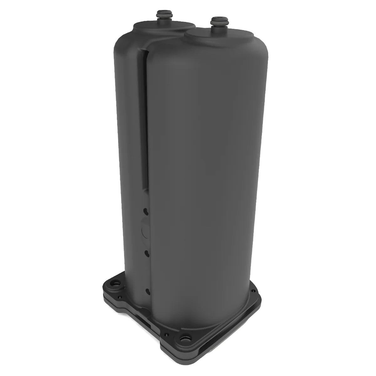 Pair of sieve bed columns for portable oxygen concentrator, dark gray cylindrical units joined on a square mounting base