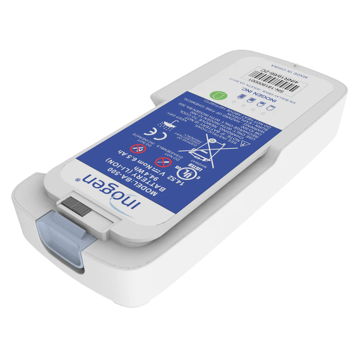Inogen One G5 portable oxygen concentrator battery pack, white with blue label, shown at an angle on white background