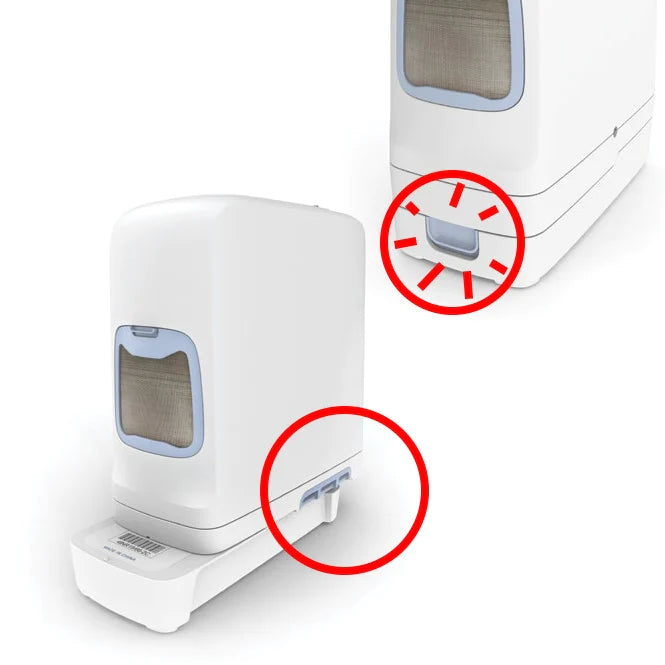 Battery pack for portable oxygen concentrator shown from two angles with red circles highlighting the latch and release
