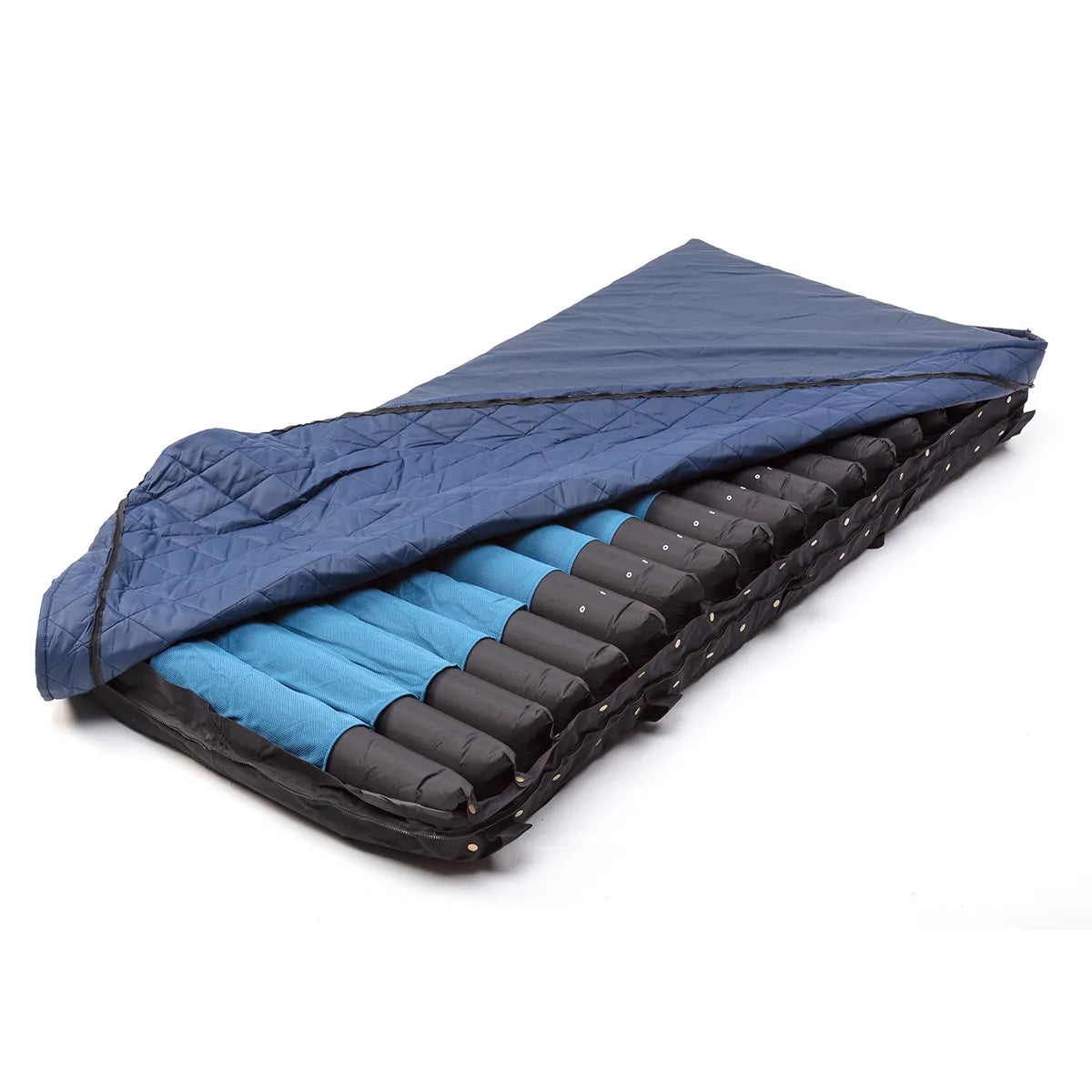 Alternating pressure LAL mattress with navy quilted cover folded back to reveal blue and dark gray air cells underneath